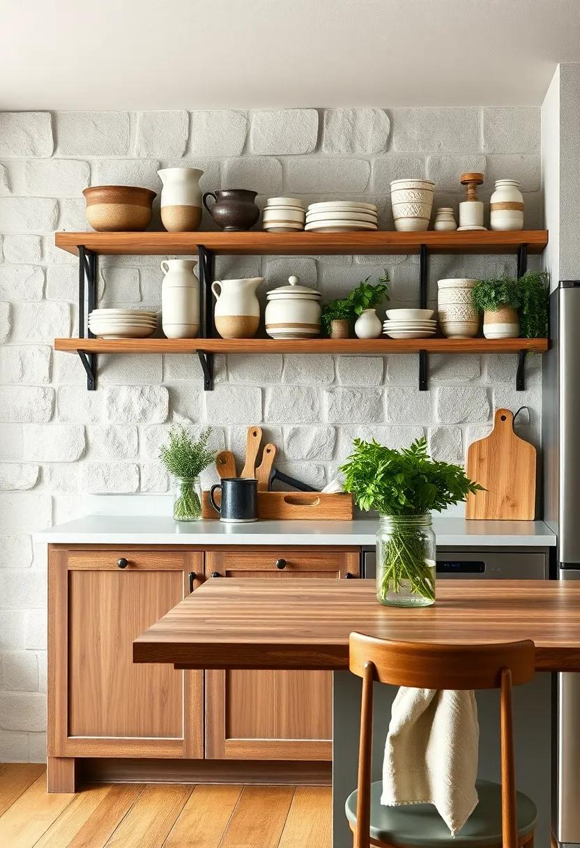Open Shelving Displaying Handcrafted Pottery And Fresh Herbs In Charming Mason Jars