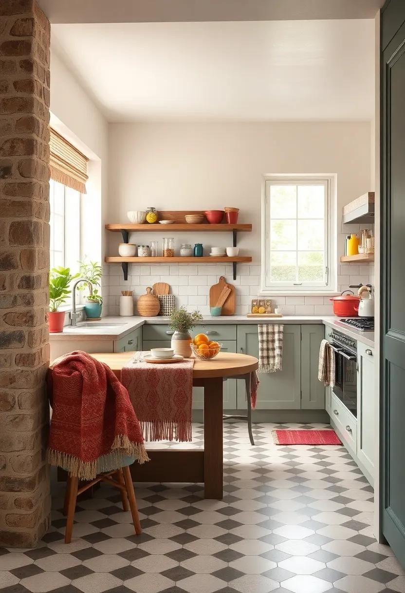 Quaint Checkered Linoleum Flooring Matched With Cozy Knit Throws And Retro Kitchenware