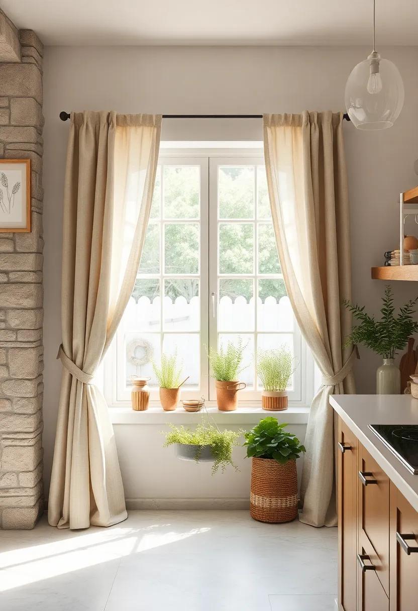 Soft Linen Curtains Diffusing Natural Light Over A Window-Framed Herb Garden Spot