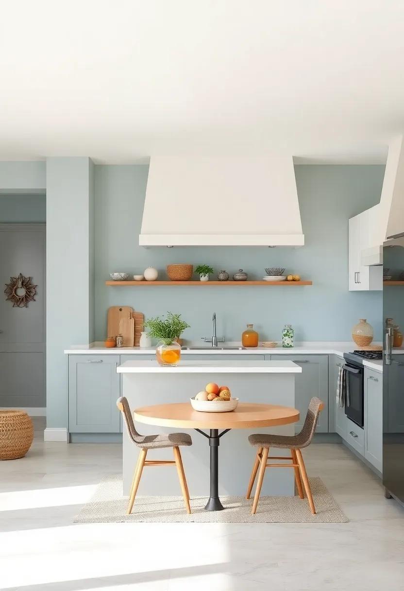 Subtle Pastel Color Palette Highlighting Soft Blue Walls And Creamy White Counters For Warmth