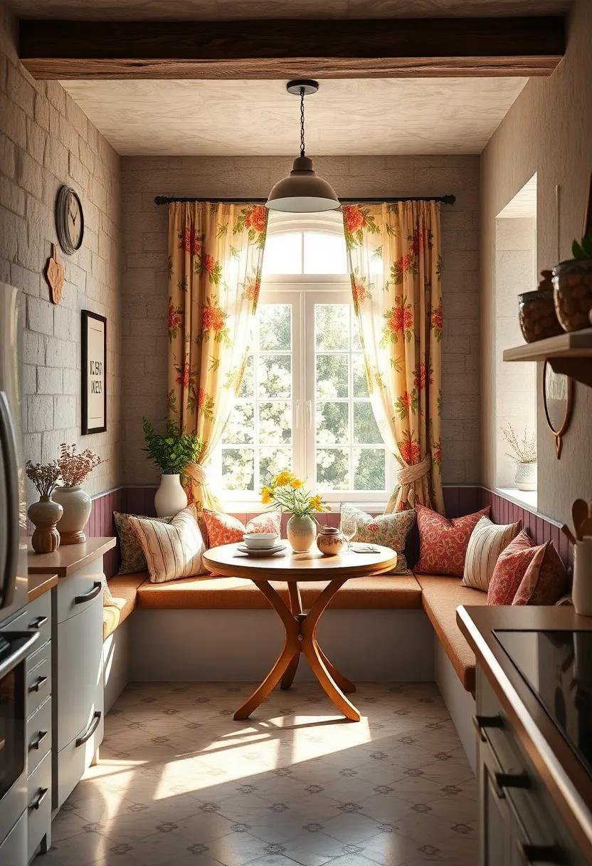 Sunlit Breakfast Nook With Plush Cushions And Vintage Floral Curtains Inviting Quiet Morning Moments