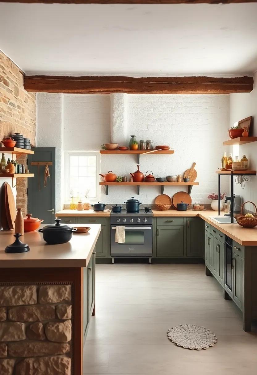 Vintage Cast Iron Cookware Arranged Artfully Beneath Open Beams Over Whitewashed Walls