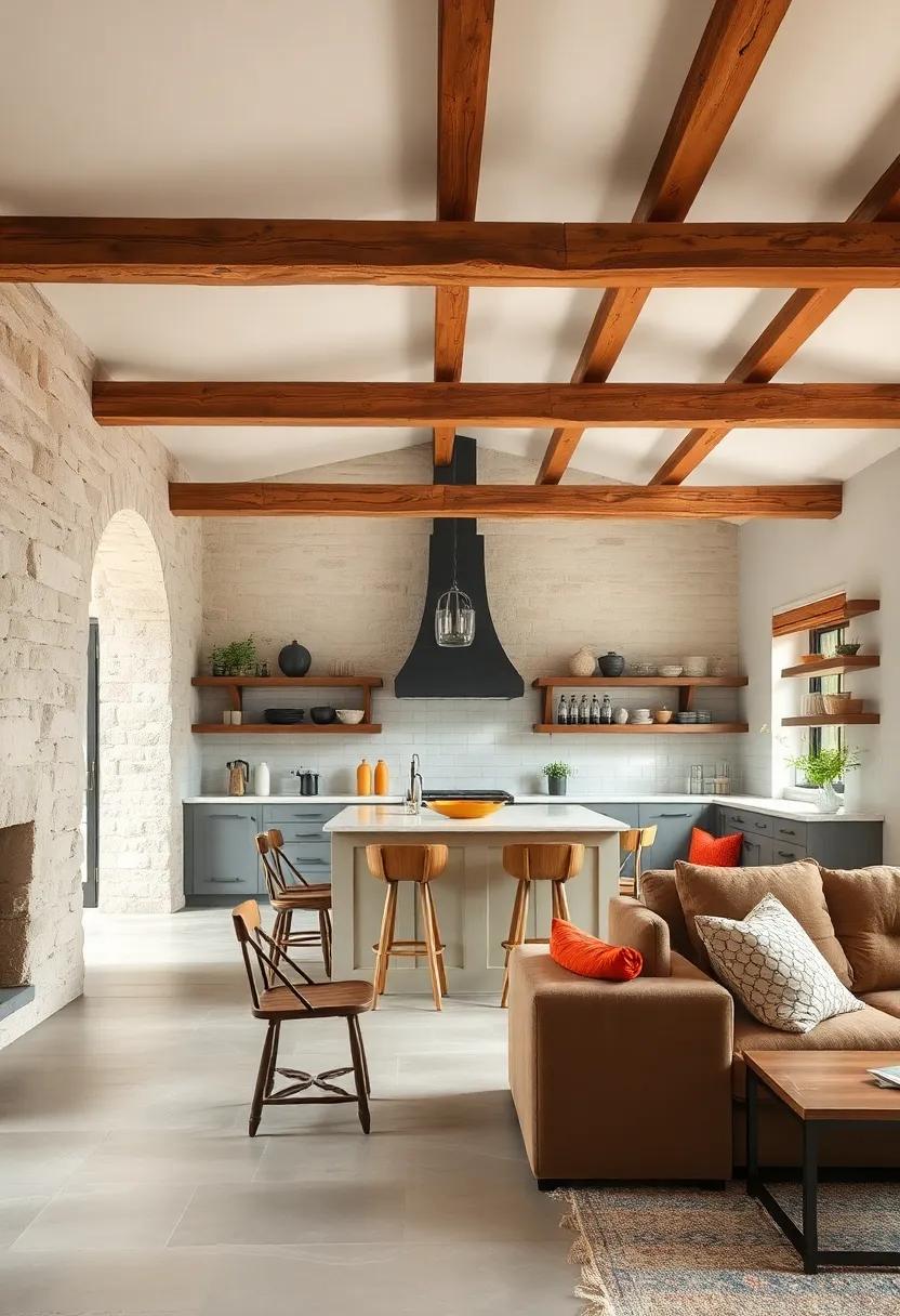 Weathered Wooden Beams Adding Structural Warmth To An Open Plan Cottage Kitchen Space