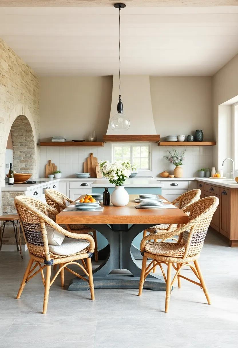 Woven Rattan Chairs Paired With A Solid Oak Farm Table Inviting Family Gatherings and Stories