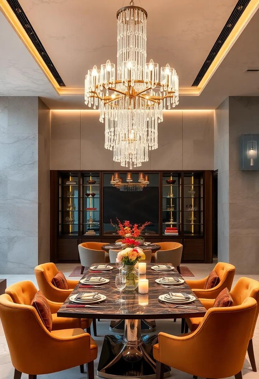 The Integration of Crystal Chandeliers with Metallic Accents Elevating Glamorous Dining Aesthetics