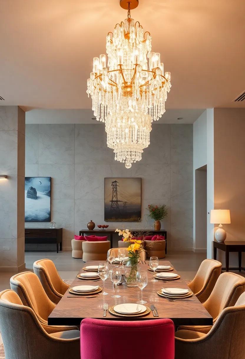 The Contrast of Dark Walls and Brilliant Crystal Chandeliers Producing Striking Dining Room Elegance