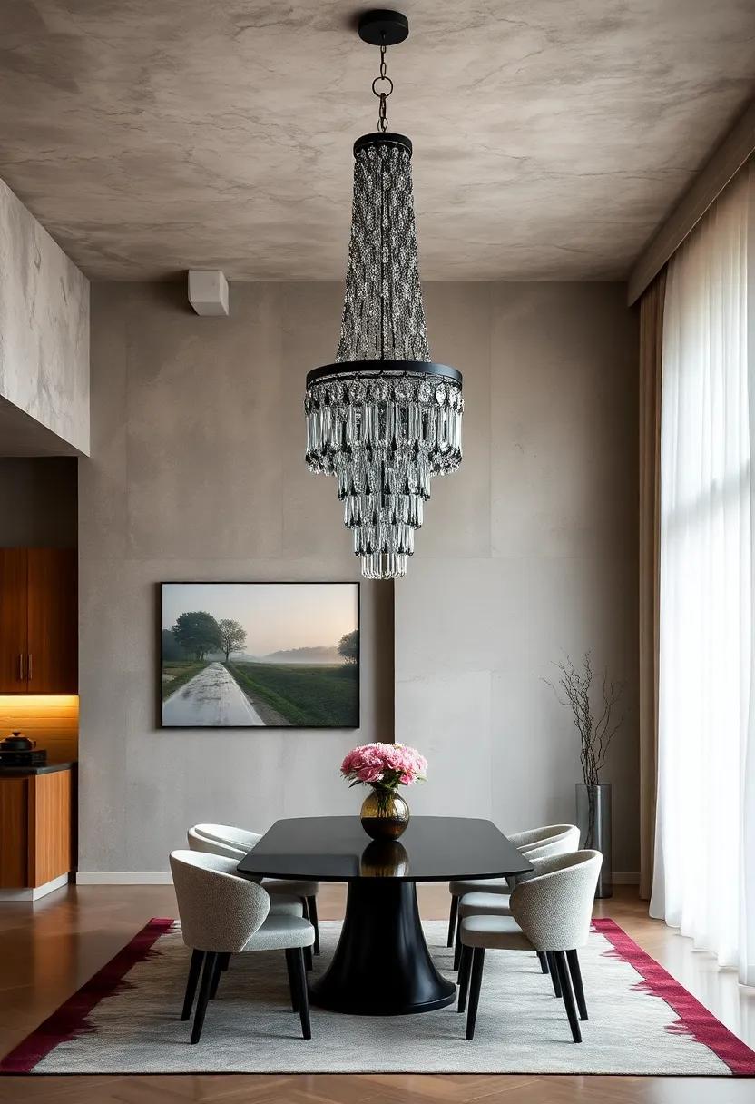 Contemporary Black Crystal Chandeliers Merging Dark Elegance and Glimmering Luxury in Urban Dining Designs