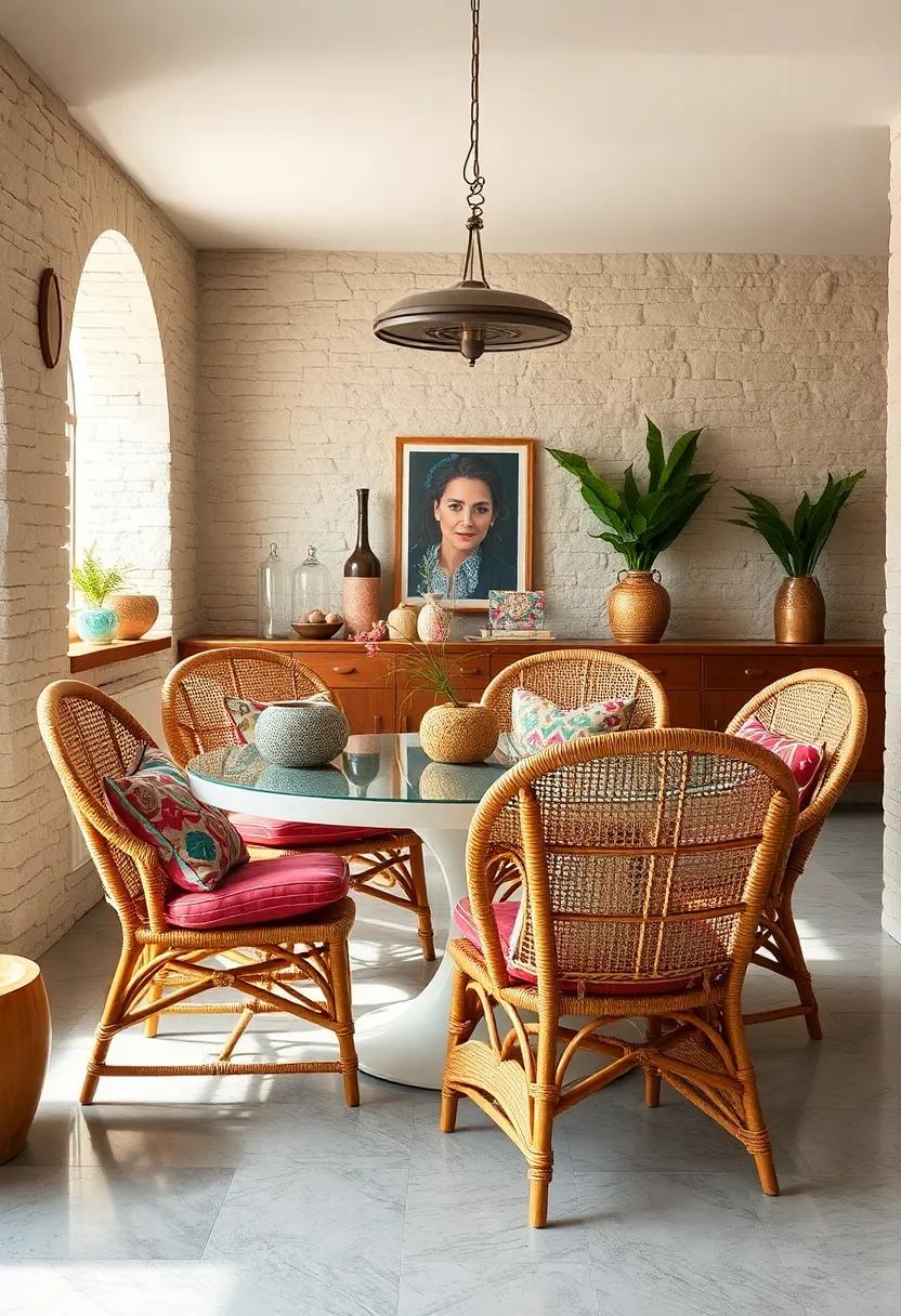 Bohemian Chic Dining Chairs With Handwoven Rattan, Colorful Cushions, and Eclectic Patterns Reflecting Free Spirit