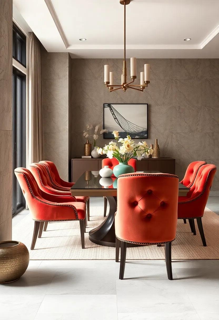 Bold Statement Dining Chairs Wrapped in Luxurious Velvet Fabrics with Distinctive Button Tufting and Curved Backs