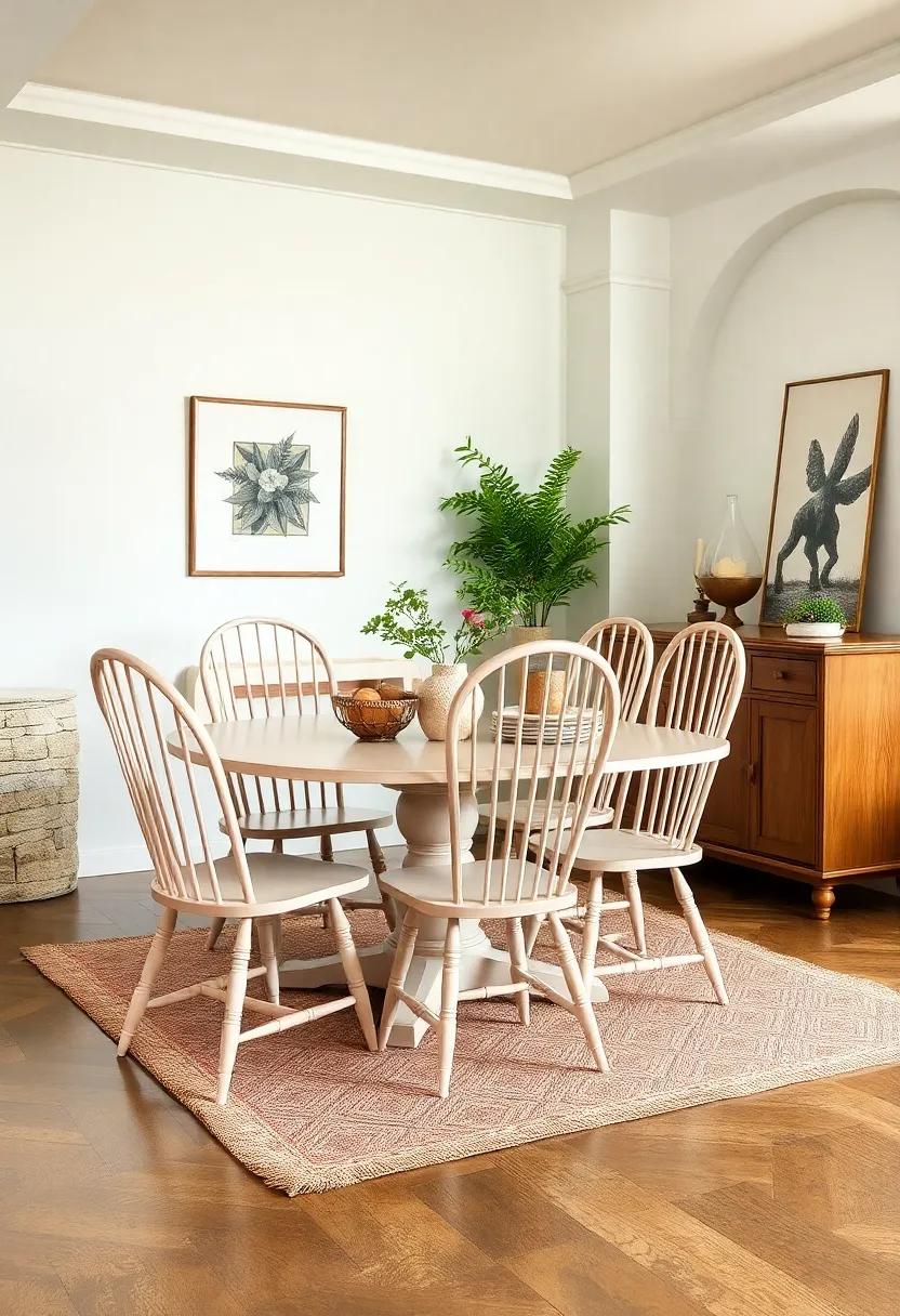 Classic Windsor Dining Chairs Painted in Soft Pastels, Featuring Spindle Backs and Turned Legs for A Timeless Look