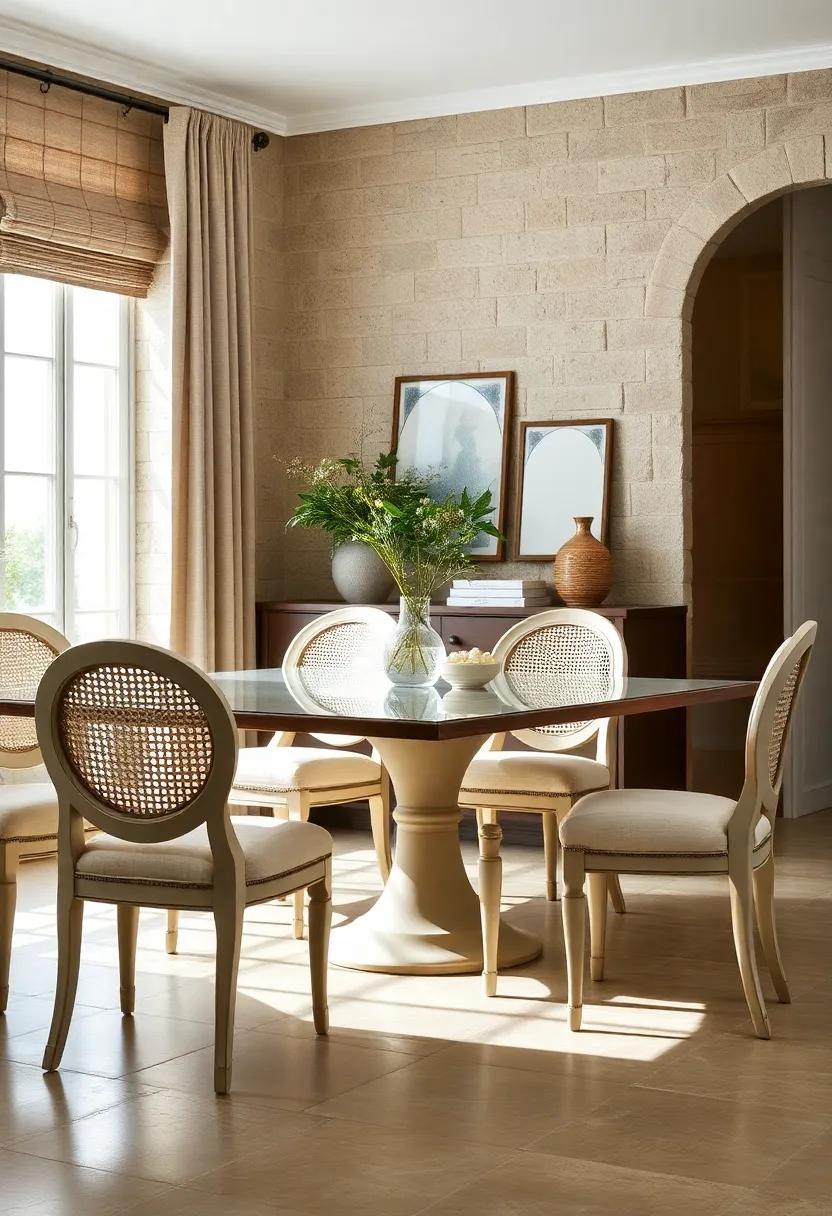 French Country Dining Chairs Highlighted by Curved Legs, Cane Back Inserts, and Soft Neutral Painted Wood