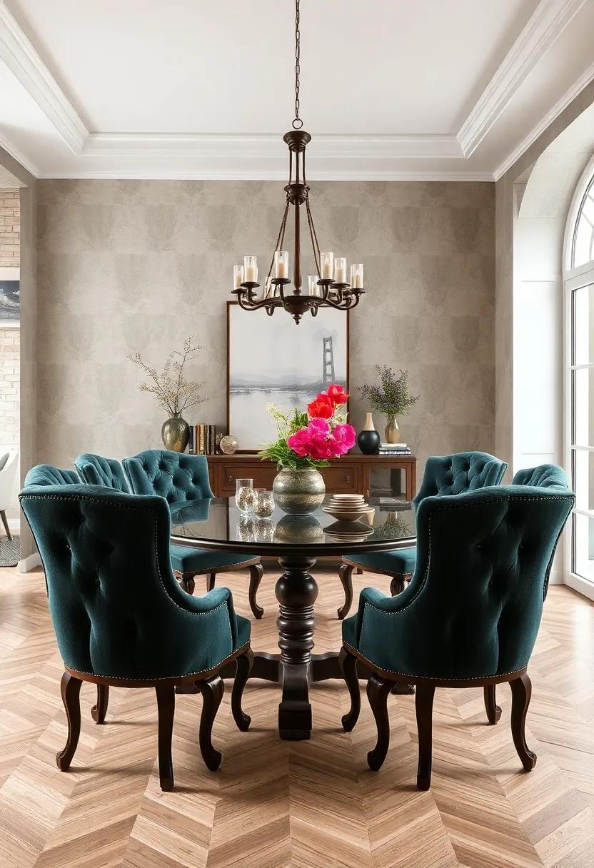 Regal Victorian Style Dining Chairs Emphasizing Deep Button Tufting, Ornate Legs, and Luxurious Velvet Covers