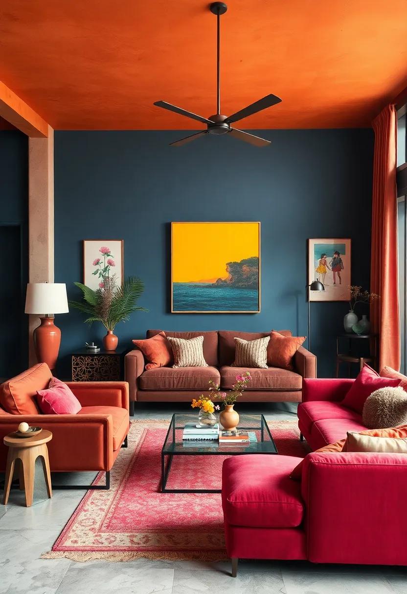 Vibrant Color Palette Blending Jewel Tones and Earthy Hues for an Eclectic Living Room Atmosphere