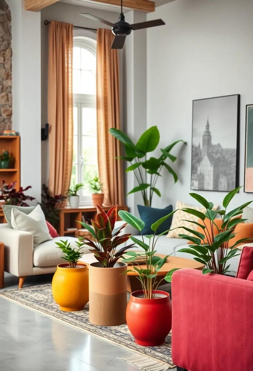 Arranging Indoor Plants in Colorful Pots to Infuse Fresh Greenery Alongside Vibrant Surroundings