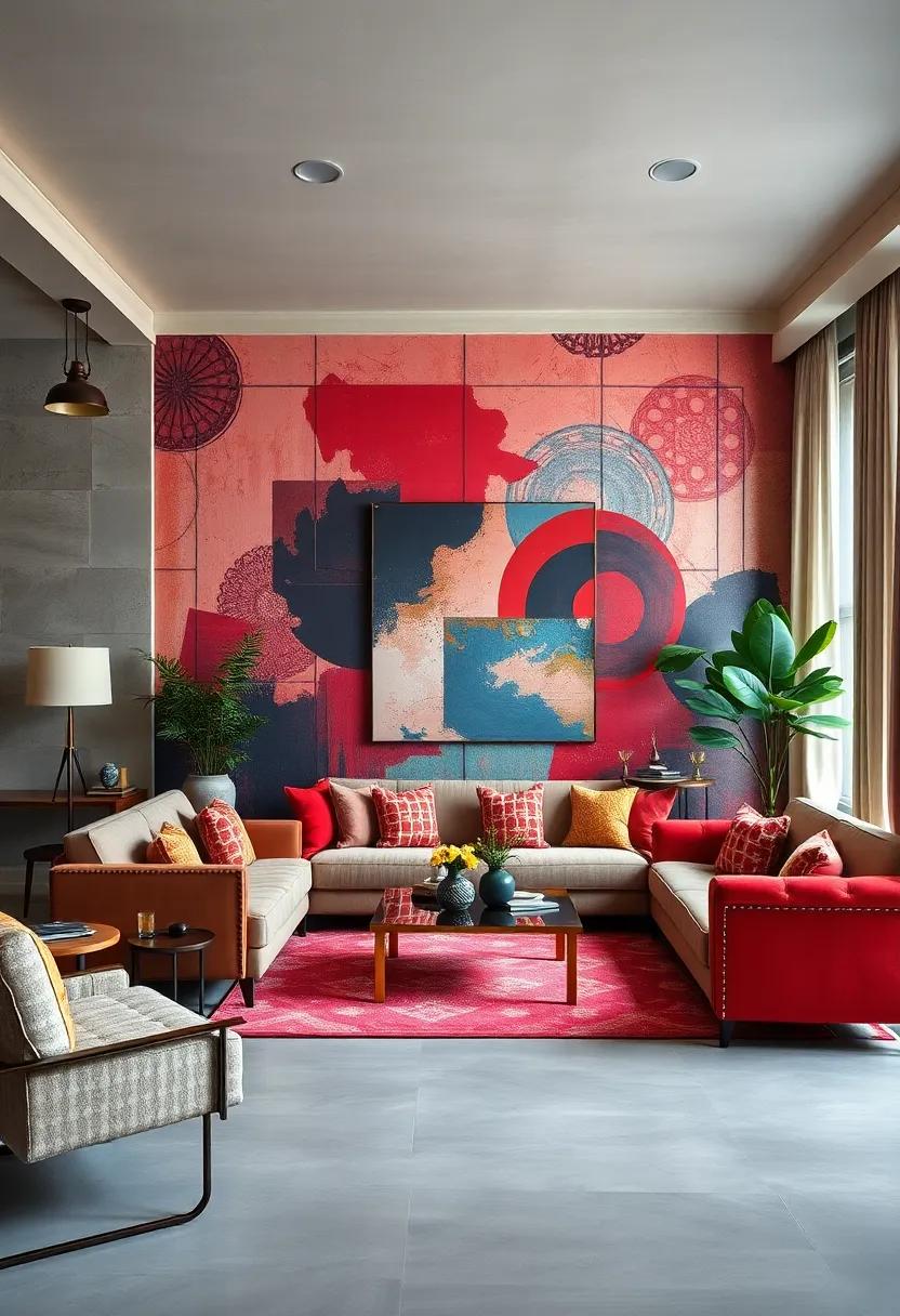 Showcasing Artistic Wall Murals with Abstract Patterns in Deep Reds, Blues, and Golden Accents