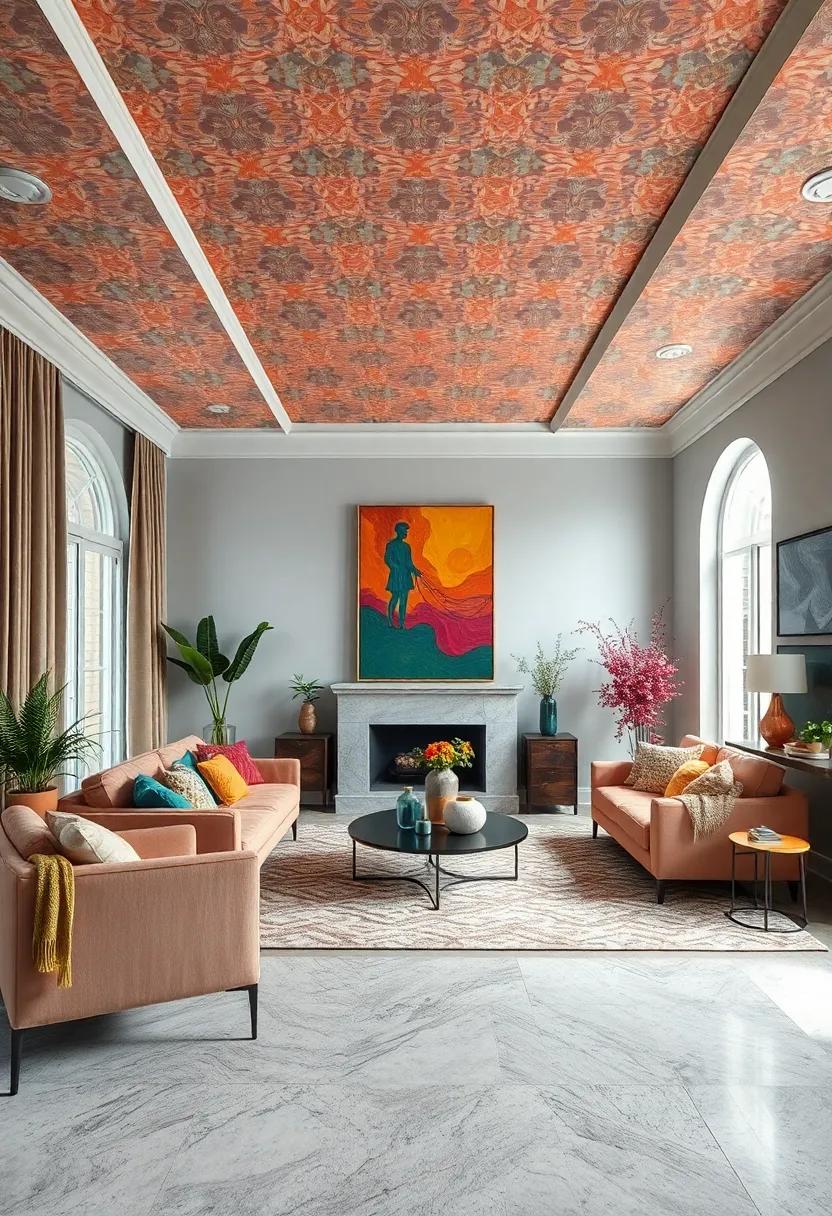 Creating a Statement Ceiling with Bold Wallpaper or Painted Patterns in Complementary Hues