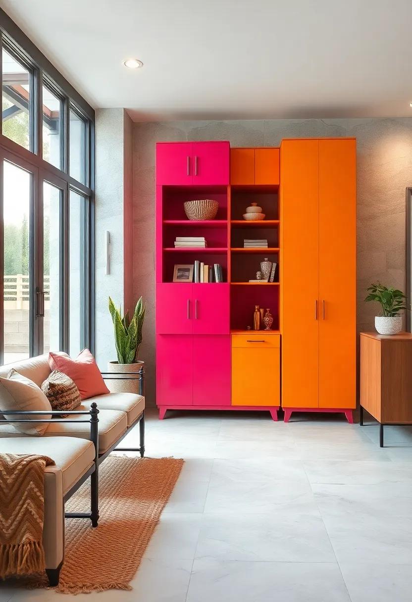 Bold and Vibrant Colored Cabinets Creating an Eye-Catching Focal Point in Entryway Décor