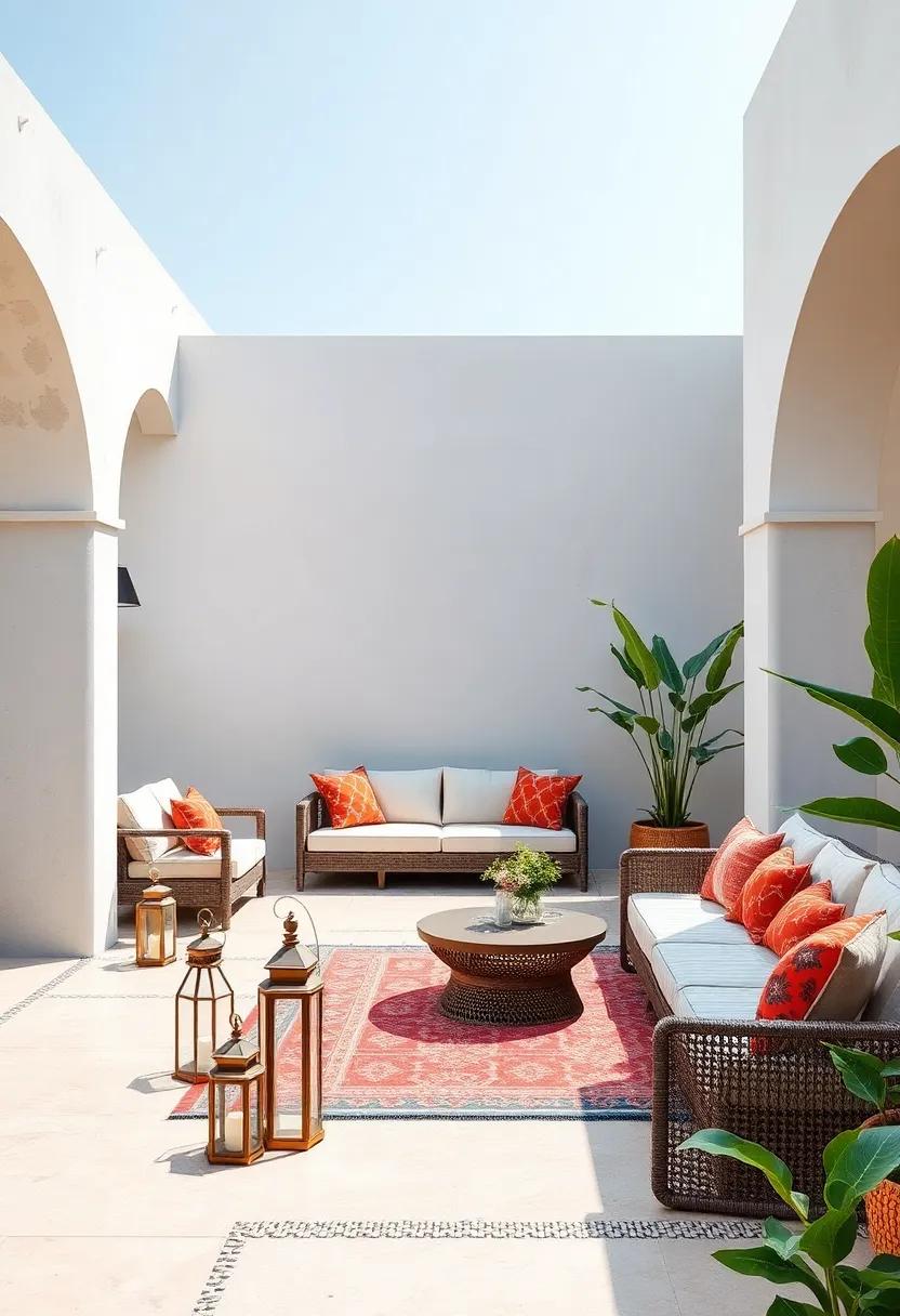 Chic Moroccan Inspired Lanterns and Low Seating with Patterned Outdoor Rugs and Cushions
