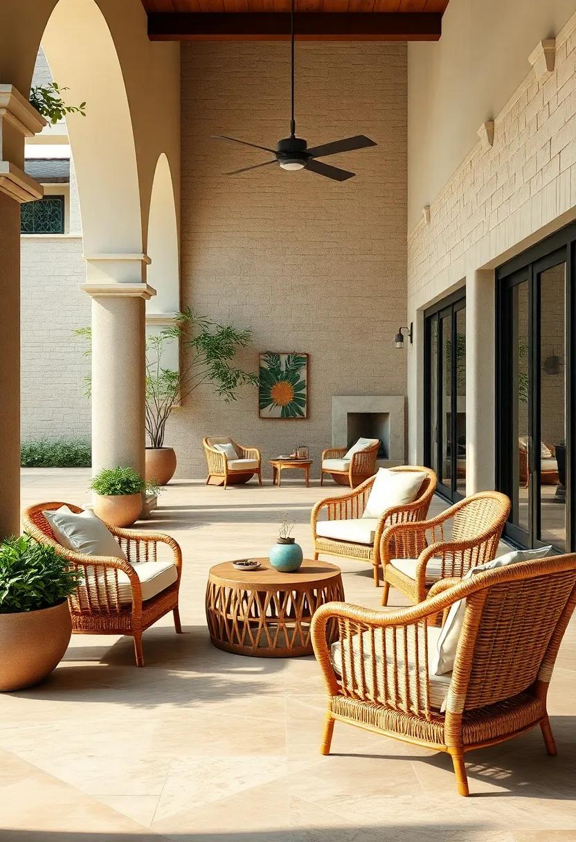 Rustic Elegance Through Handwoven Rattan Chairs Paired with Stone and Ceramic Accents