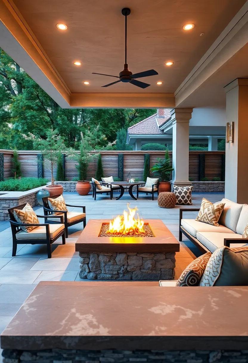 Artisan Crafted Fire Pit Surrounds with Built-In Seating Inlaid with Mosaic Tiles