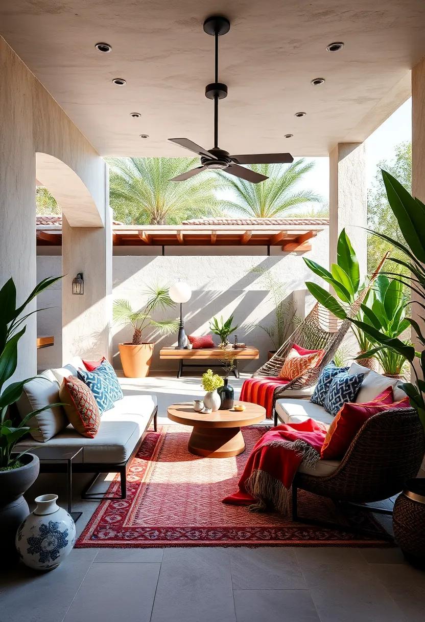 Tropical-Inspired Hammock Corners with Hand-Painted Pottery and Vibrant Textile Throws