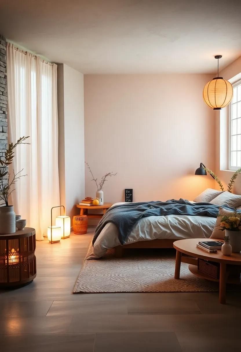 Soft Ambient Lighting Using Paper Lanterns and Sleek Scandinavian Floor Lamps to Create Tranquil Glow