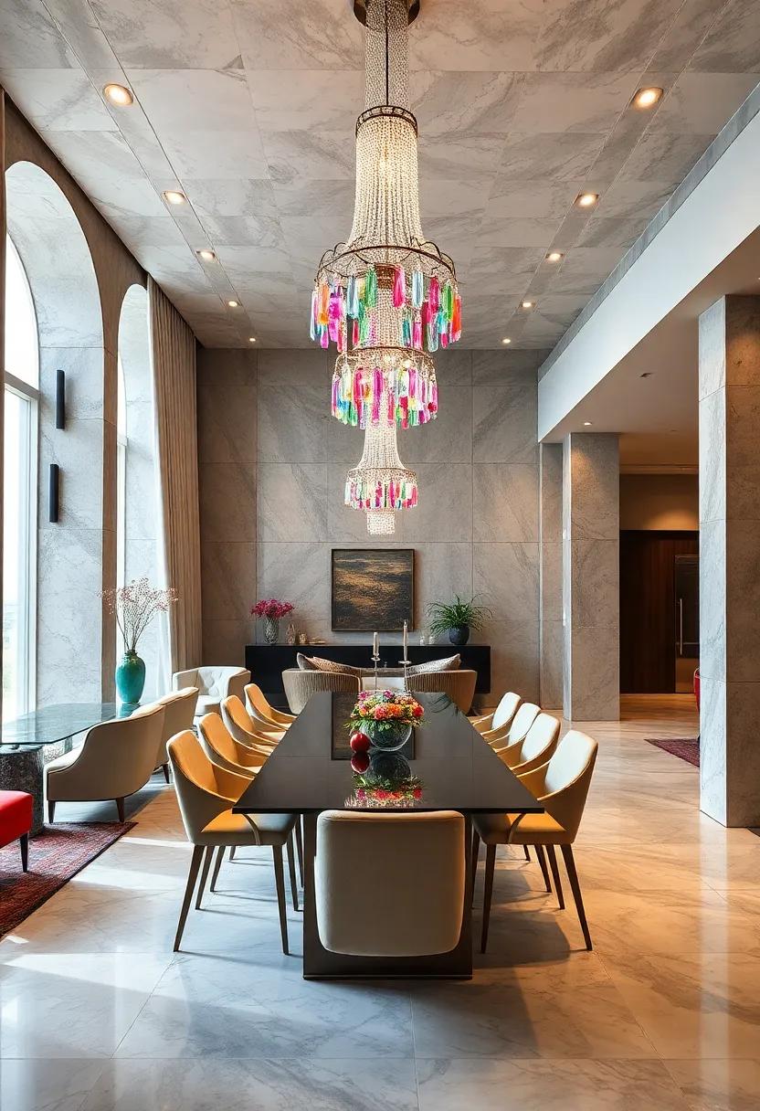Elegant Chandeliers with Crystal Drops Reflecting Multicolored Shine Across Ornate Dining Areas