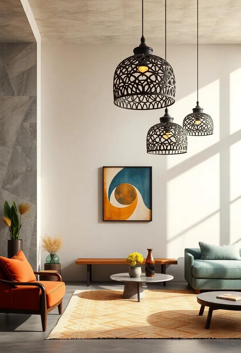 Handcrafted Metal Pendant Shades Casting Intricate Shadows on Smooth Walls
