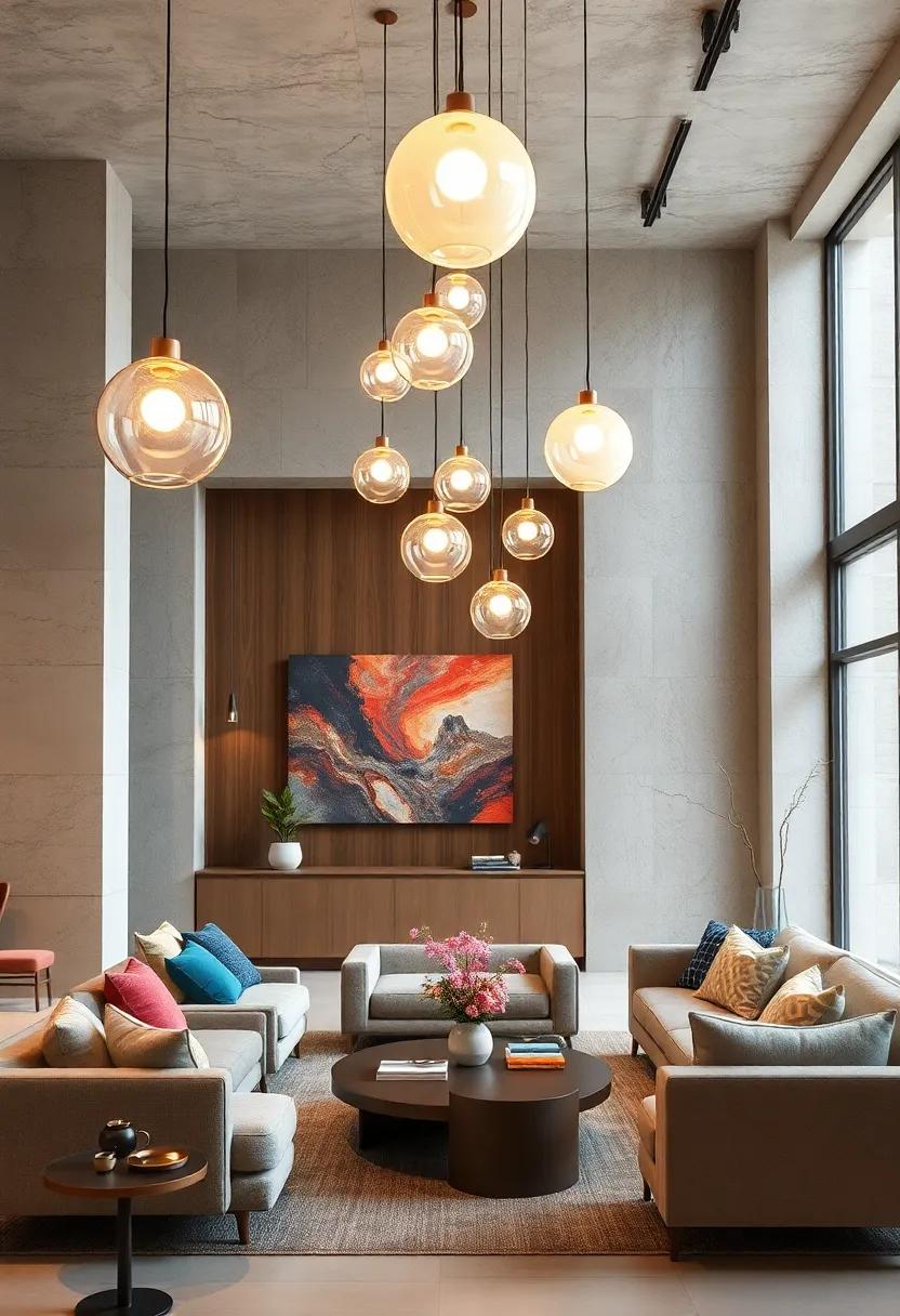 Suspended Orb Lights of Varied Sizes Hanging Over Trendy Coffee Tables and Lounge Zones