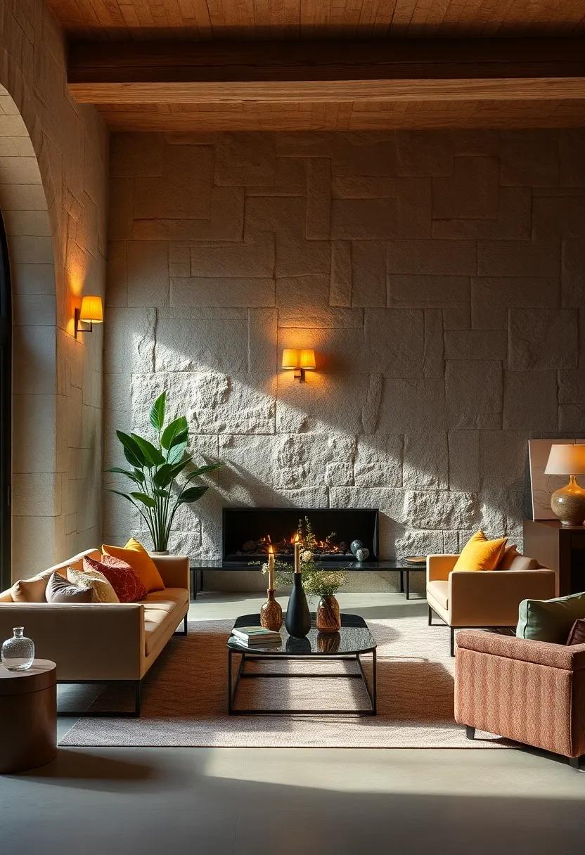 Warm Amber Wall Sconces Enhancing Rustic Stone Interiors with Subtle Sophistication