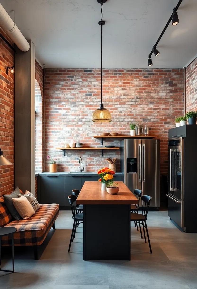 Exquisite Urban Industrial Kitchen Space Blending Rustic Exposed Brick Walls with Sleek Metal Appliances