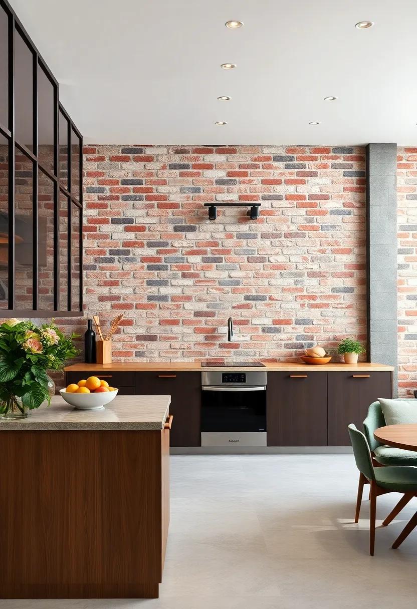 Elegantly Weathered Exposed Brick Wall Backdrops Highlighting Minimalist Stainless Steel Fixtures