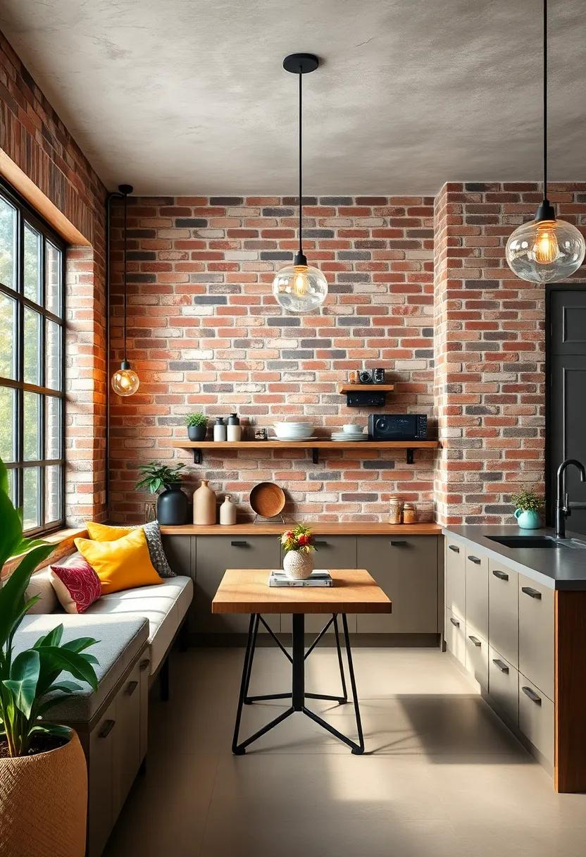 Inviting Breakfast Nook Nestled Against Rustic Exposed Brick Walls with Plush Industrial Seating