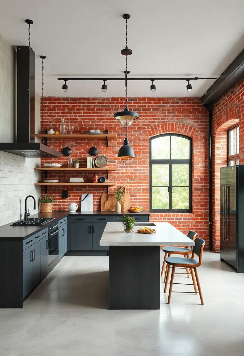 Exquisite Industrial Kitchen Featuring Matte Black Fixtures Contrasted with Vibrant Red Exposed Brick Walls