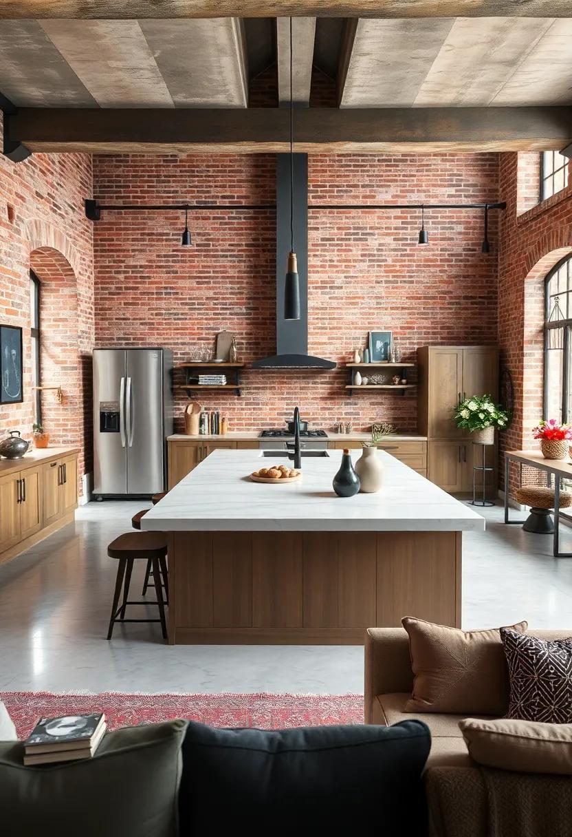 Open Plan Industrial Kitchen with Central Island Framed by Exposed Brick Walls and Unique Reclaimed Materials