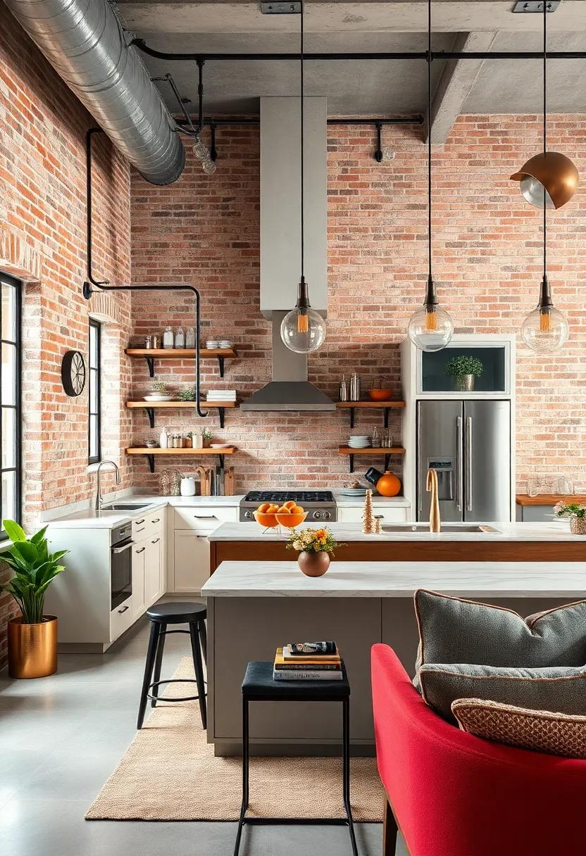Subtle Metallic Accents and High-End Appliances Complementing the Rugged Charm of Exposed Brick Walls in Industry Chic