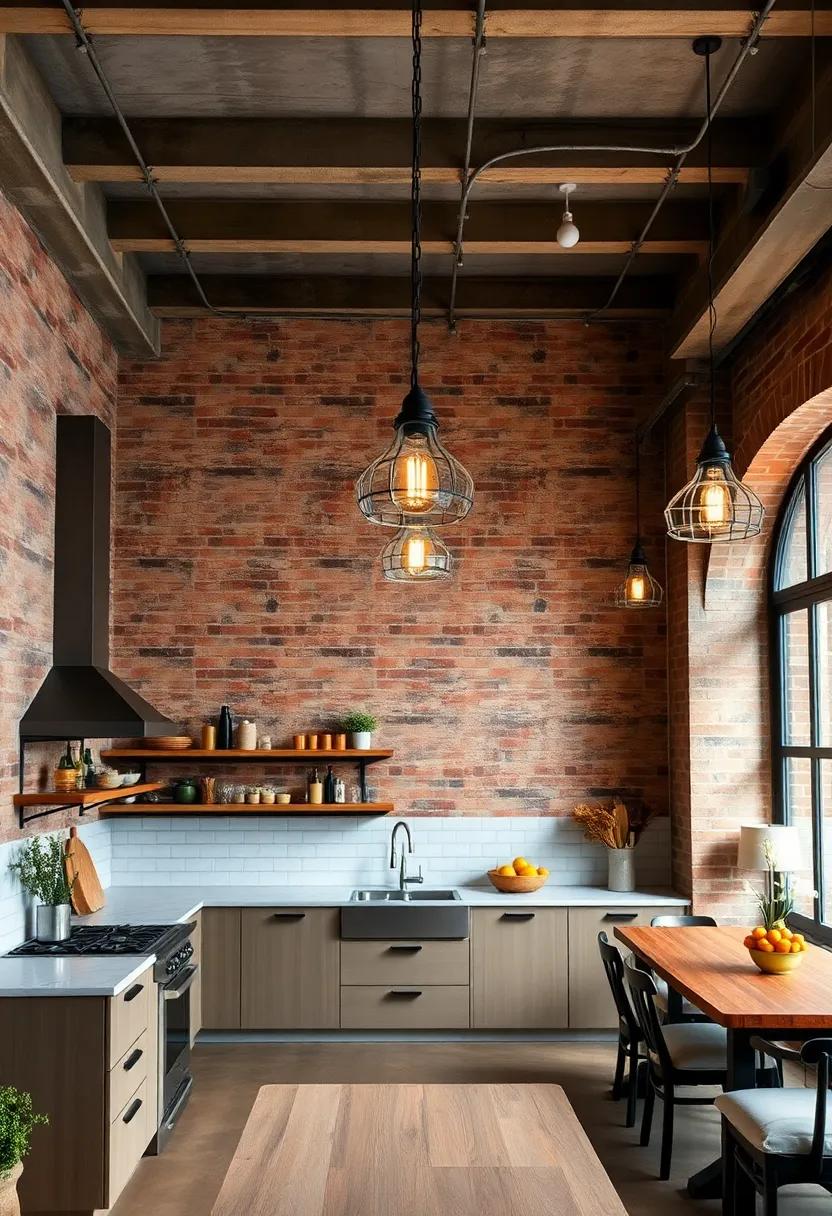 Rustic Industrial Lighting Fixtures Hung from Exposed Ceiling Beams Illuminating Brick Wall Textures