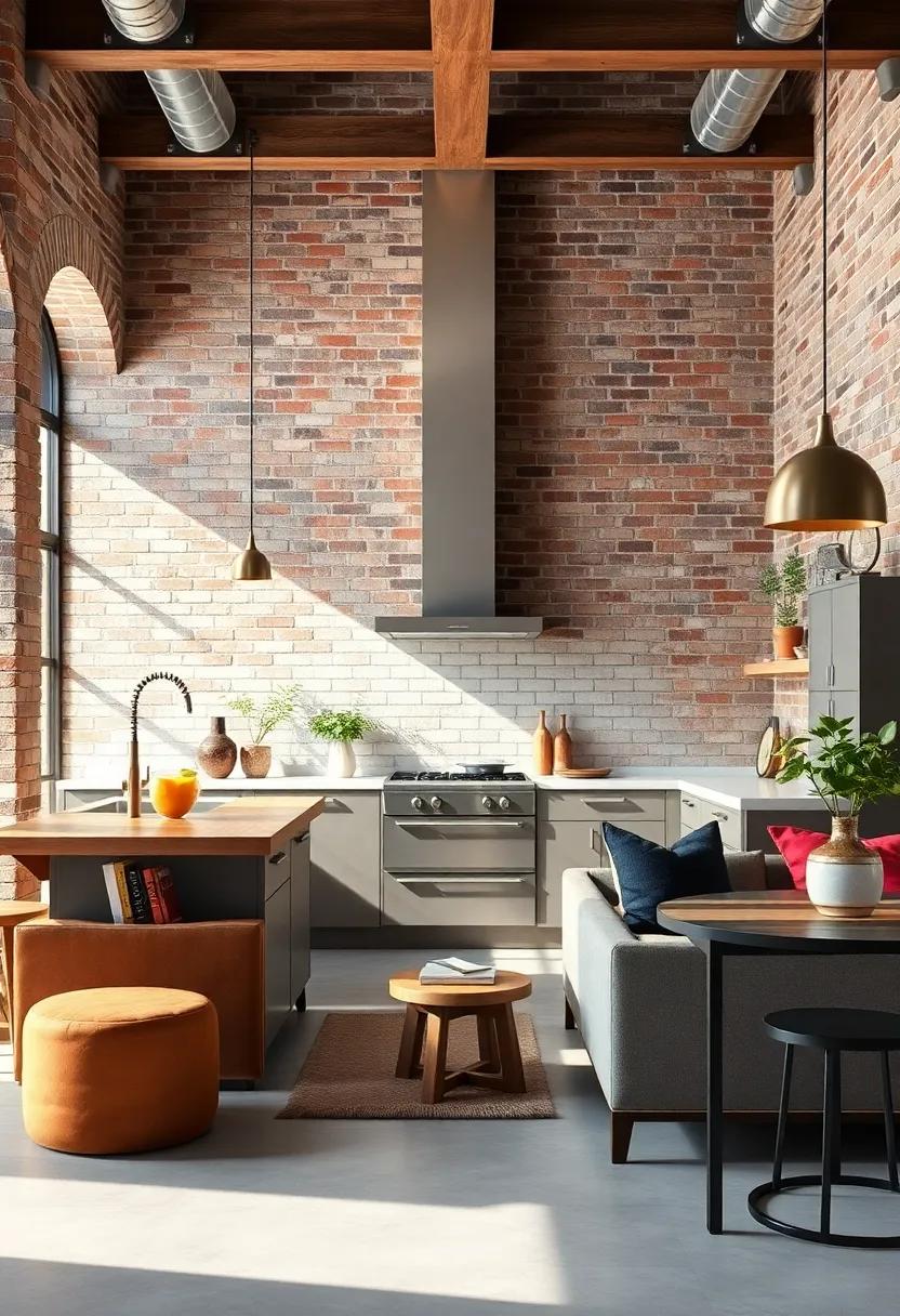 Soft Natural Lighting Accentuating the Textural Beauty of Exposed Brick Walls in a Luxury Kitchen