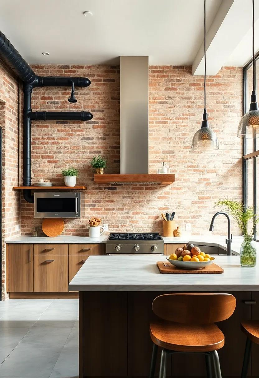 Sophisticated Mix of Vintage Edison Bulbs and Exposed Brick Walls Enhancing Warmth in an Industrial Kitchen
