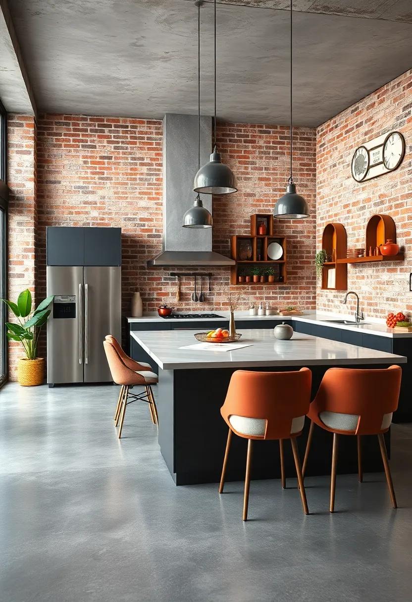 Modern Industrial Kitchen Island Surrounded by Stylish Chairs and Bold Exposed Brick Wall Accents