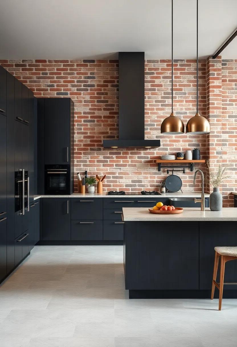 Streamlined Industrial Kitchen Cabinets with Bold Dark Finishes Against Textured Brick Wall Panels