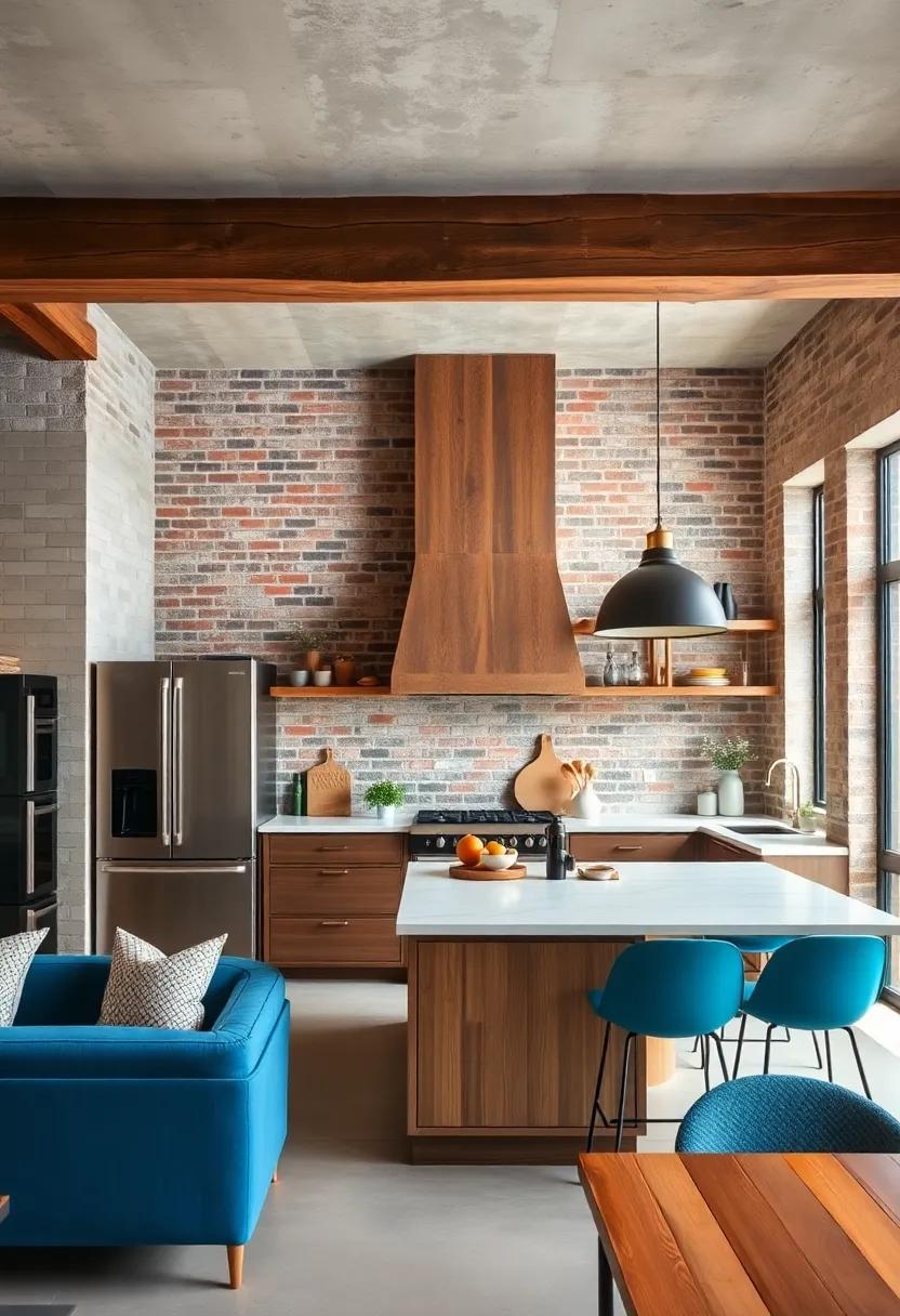 Handcrafted Rustic Wood Beams Contrasting Elegantly with Exposed Brick Wall Backdrops in a Luxury Industrial Kitchen