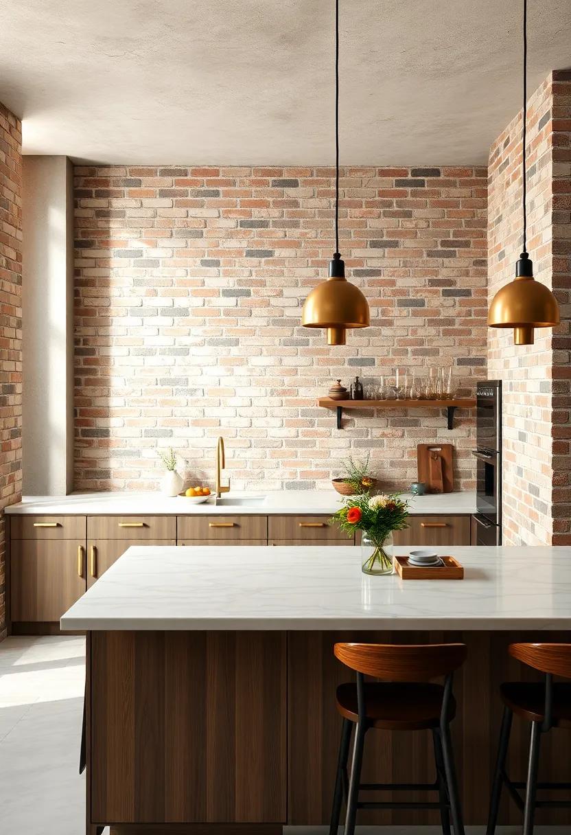 Contrasting Textures of Rough Brick Walls and Smooth Marble Countertops in a Refined Industrial Setting
