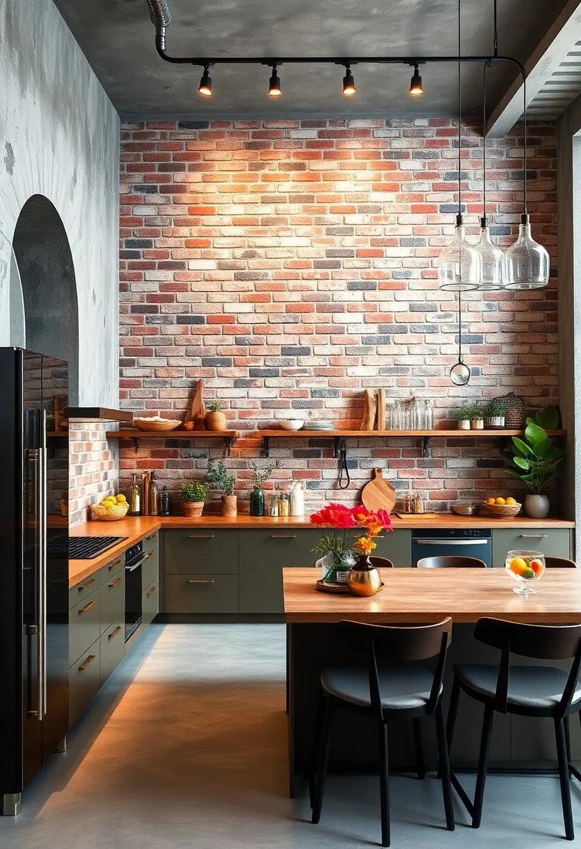 Unique Artistic Wall Murals Painted Directly Over Exposed Bricks Elevating an Urban Kitchen Atmosphere