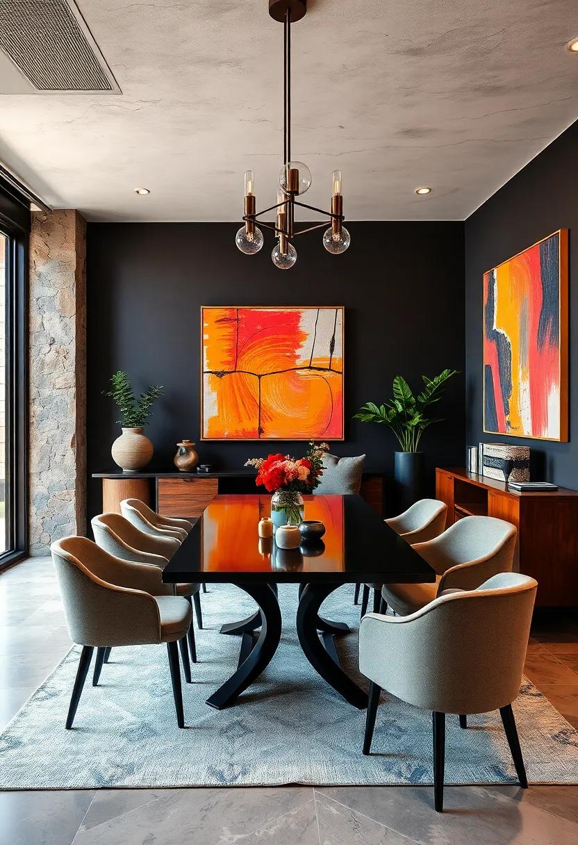 Captivating Contrast Between Dark Walls and Bright Artwork Amplifying Dining Space Drama