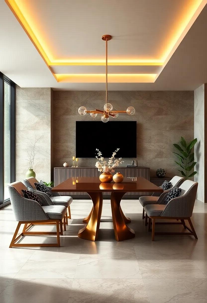 Luxurious Metallic Finishes Blending Warmth and Shine for a Contemporary Dining Ambiance