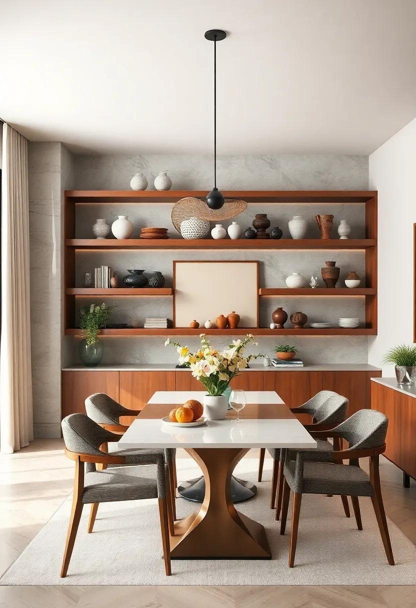 Open Shelving Showcasing Ceramic Collections and Sculptural Decor in a Chic Dining Layout