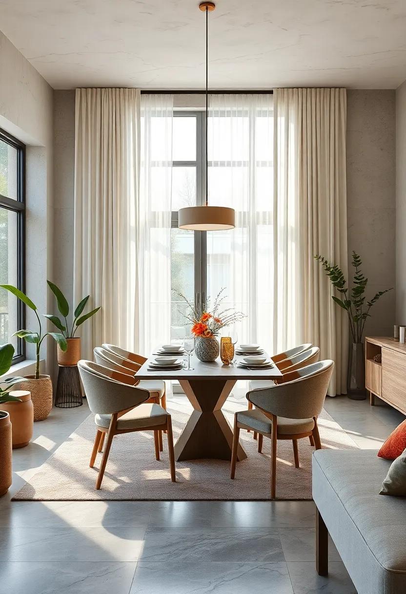 A Serene Dining Room Bathed in Natural Light with Airy Curtains and Soft Wooden Accents