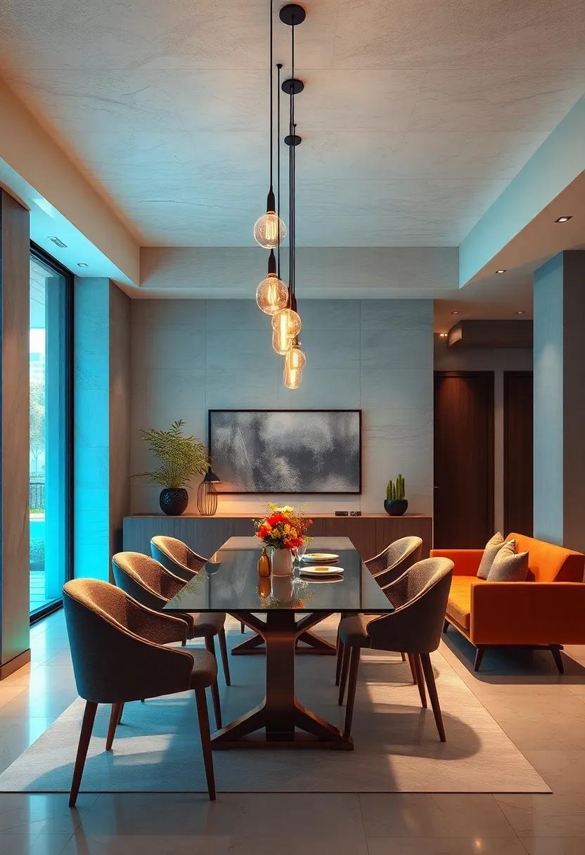 Soft Ambient Lighting from Pendant Clusters Shaping a Relaxed Yet Sophisticated Dining Mood
