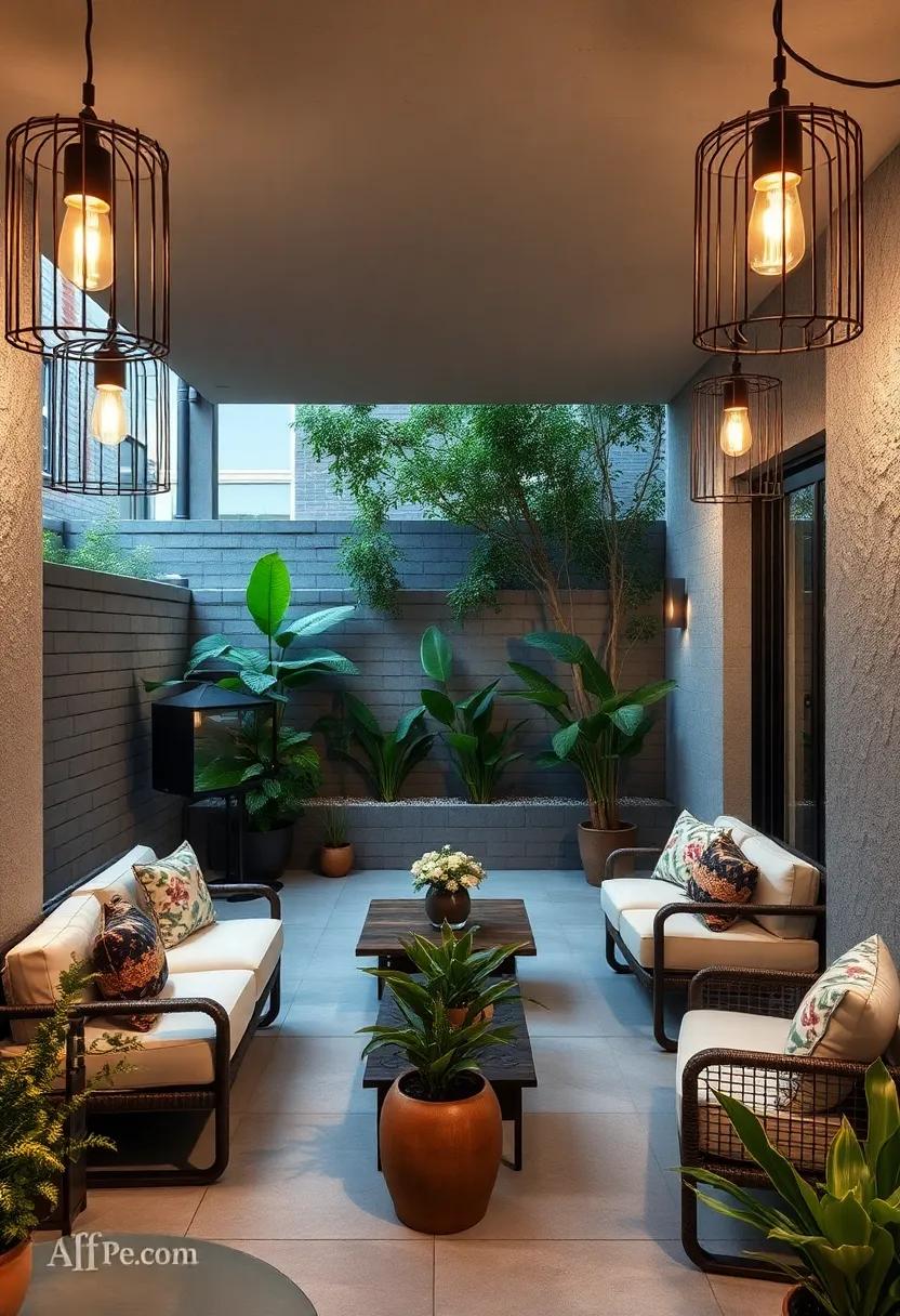 Bold Industrial Cage Fixtures Framing a Concrete Patio Amidst Urban Greenery for Strong Visual Impact